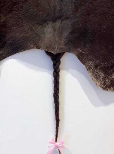 Artist’s mother’s cowhide rug, artist’s hair sheddings, ribbon
2024
90 x 87 x 0.625in
